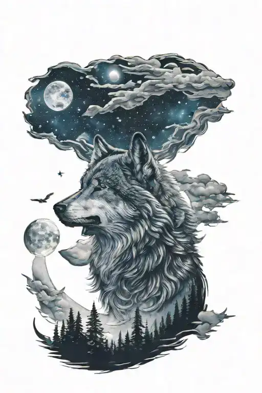 Wolf And Moon Night Sky