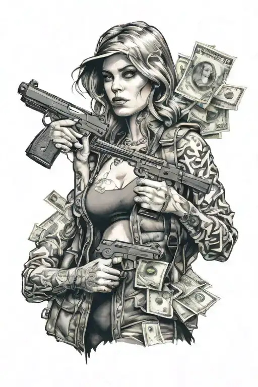 The Face Of A Girl Holding A Gun And Standing Next To A Hacker With A Lot Of Dollars
