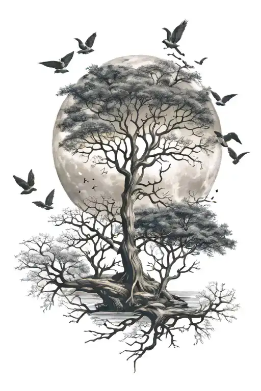 Tree Of Life Moon Birds River Deer Tattoo Design