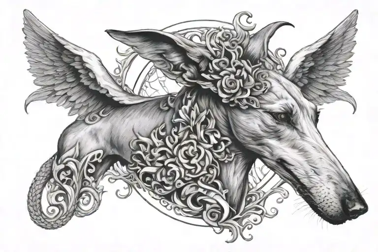 Greyhound With Angel And Dragon Surround Kind