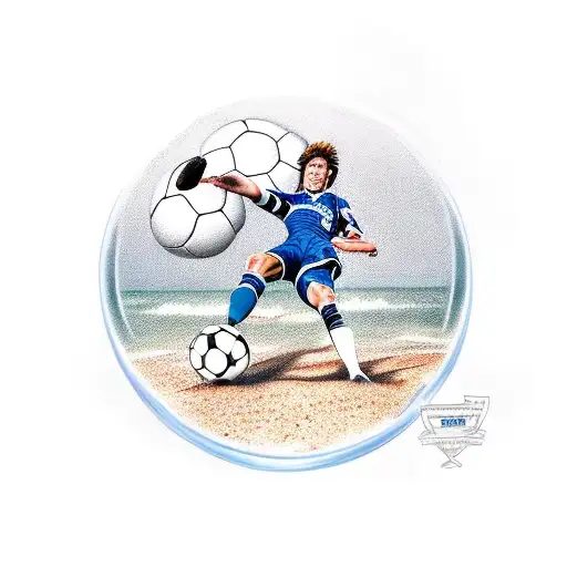 A Realistic Portrait Of A Soccer Player Kicking A Ball On A Beach With A Cat And Dog Playing Nearby