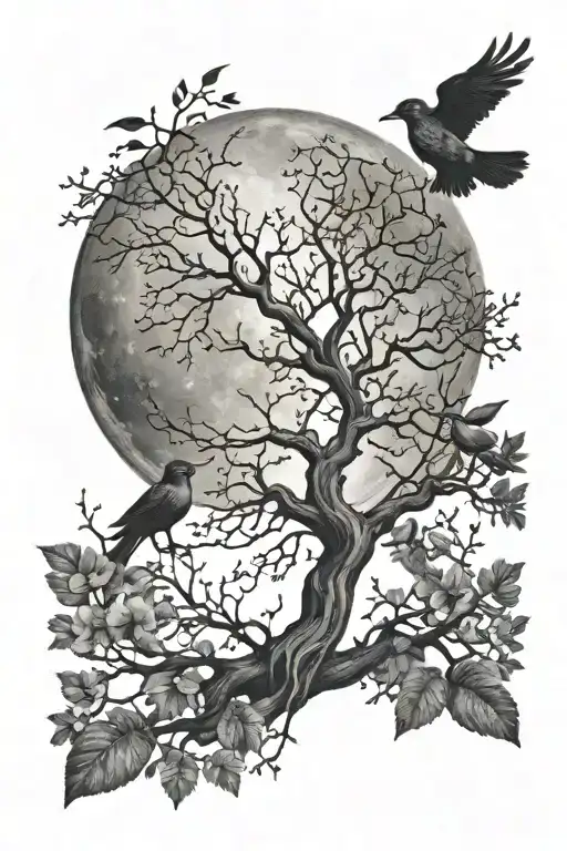 Tree Of Life Moon Birds Tattoo Design
