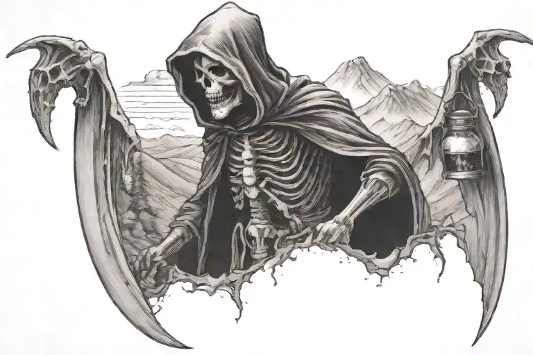 A Grim Reaper Overlooking A Mountain Range With Bombs Dropping In A Dotwork Style