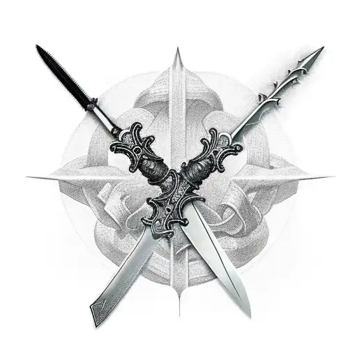 Gothic Style Cross Sword Stabbed Through A Anatomical Heartwith A Ribbon
