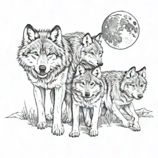 Wolf Pack 2 Adults Four Cubs Full Moon