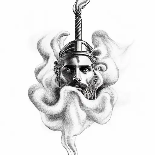 Ship On Fire With Smoke And A Greek Gods Head Emerging Out Of The Smoke