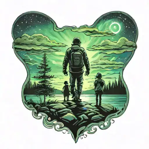 Silhouetted Back View Of Father And Daughter Under The Northern Lights