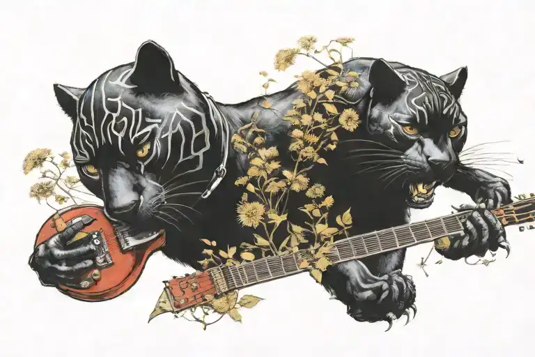Surrounded By Dandelions There Is A Black Panther Animal Playing A Guitar With A Football Helmet