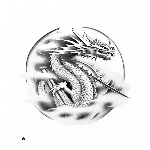 Dragon Getting Slain By Samurai With Katana Surrounded By Smoke