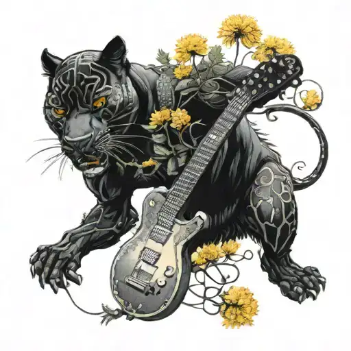 Surrounded By Dandelions There Is A Black Panther Animal Playing A Guitar With A Football Helmet