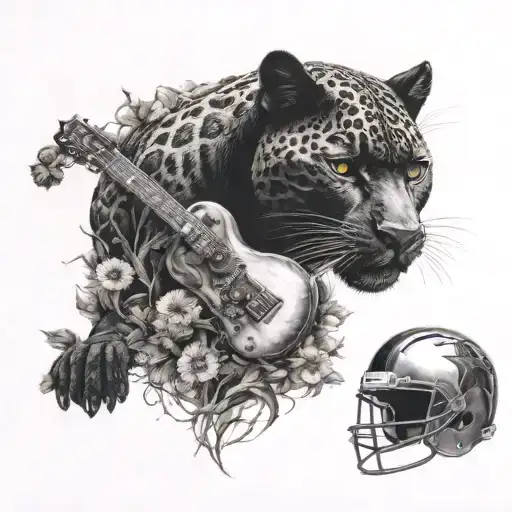 Surrounded By Dandelions There Is A Black Panther Animal Playing A Guitar With A Football Helmet