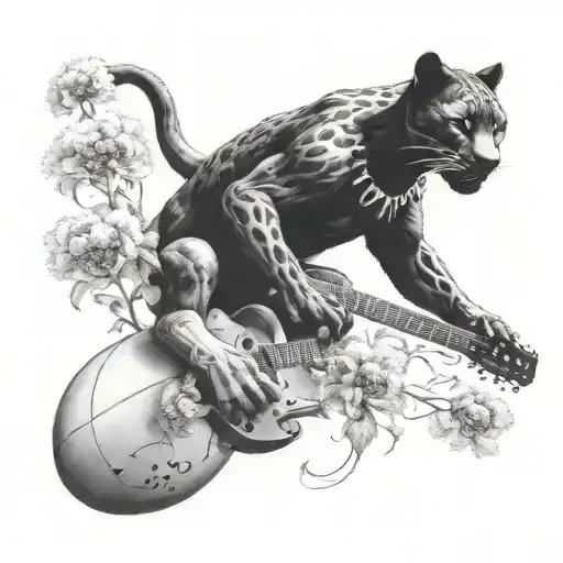 Surrounded By Dandelions There Is A Black Panther Animal Playing A Guitar With A Football Helmet