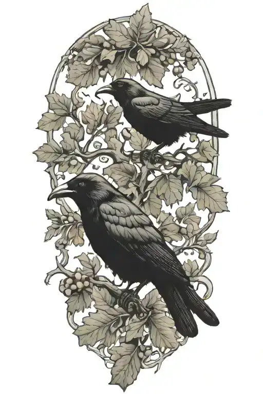 An Oak Tree Branch With Leaves And Acorns Intertwined With A Black Crow Perched On Top