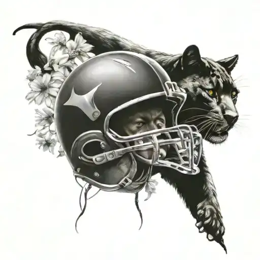 Surrounded By Dandelions There Is A Black Panther Animal Playing A Guitar With A Football Helmet