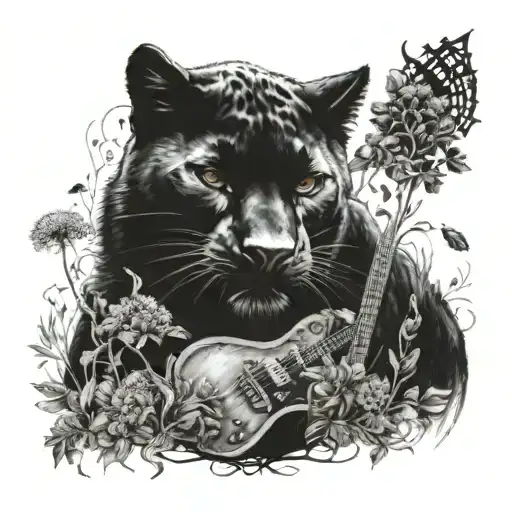 Surrounded By Dandelions There Is A Black Panther And A Wolf Playing Guitar