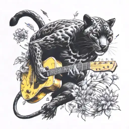 Surrounded By Dandelions There Is A Black Panther Animal Playing A Guitar With A Football Helmet