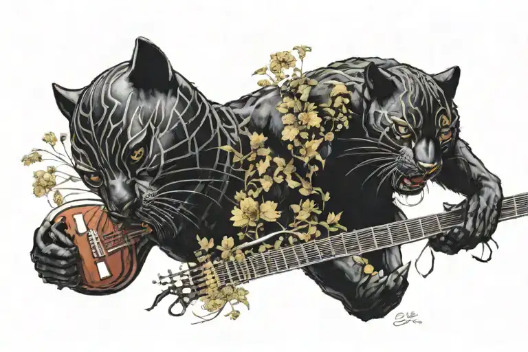 Surrounded By Dandelions There Is A Black Panther Animal Playing A Guitar With A Football Helmet