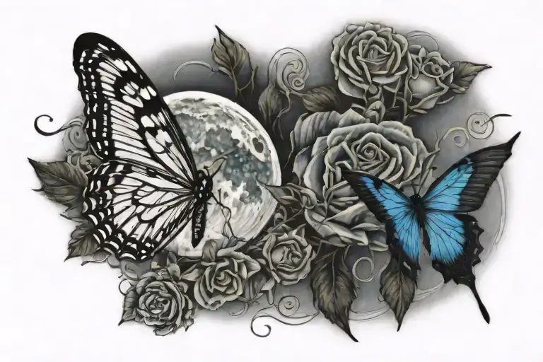 Ryan In Cursive With A Full Moon To The Left Of Ryan And A Blue Butterfly To The Right