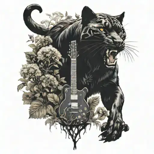 Surrounded By Dandelions There Is A Black Panther And A Wolf Playing Guitar