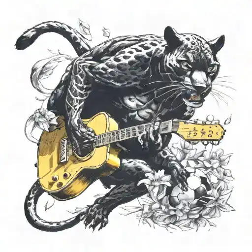 Surrounded By Dandelions There Is A Black Panther Animal Playing A Guitar With A Football Helmet