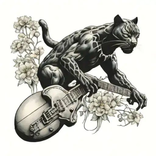 Surrounded By Dandelions There Is A Black Panther Animal Playing A Guitar With A Football Helmet