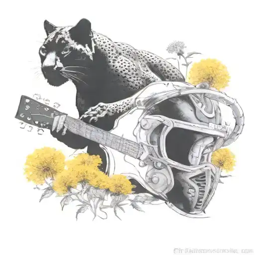 Surrounded By Dandelions There Is A Black Panther Animal Playing A Guitar With A Football Helmet