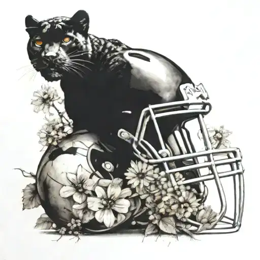 Surrounded By Dandelions There Is A Black Panther Animal Playing A Guitar With A Football Helmet