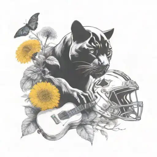 Surrounded By Dandelions There Is A Black Panther Animal Playing A Guitar With A Football Helmet