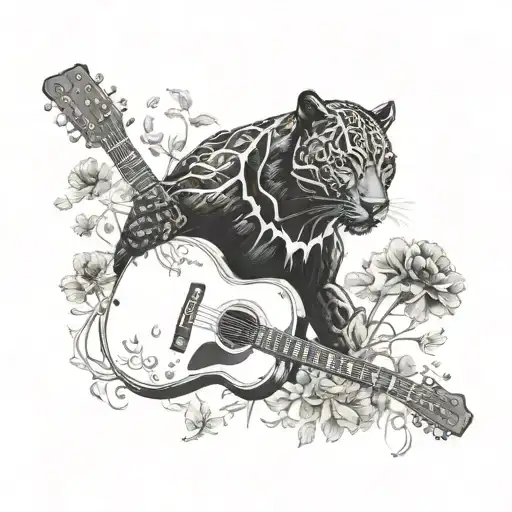 Surrounded By Dandelions There Is A Black Panther Animal Playing A Guitar With A Football Helmet