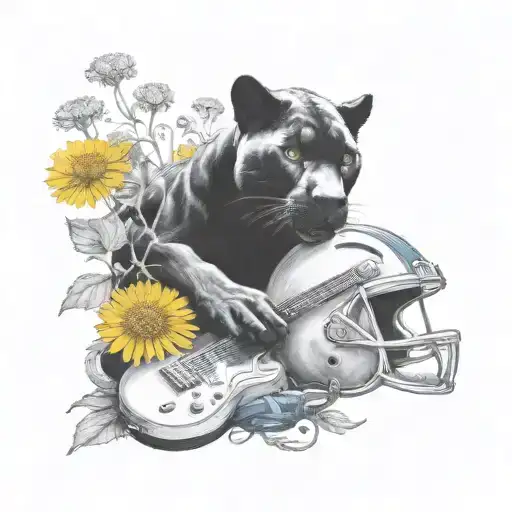 Surrounded By Dandelions There Is A Black Panther Animal Playing A Guitar With A Football Helmet