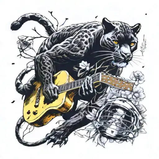 Surrounded By Dandelions There Is A Black Panther Animal Playing A Guitar With A Football Helmet