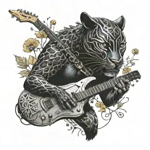 Surrounded By Dandelions There Is A Black Panther Animal Playing A Guitar With A Football Helmet