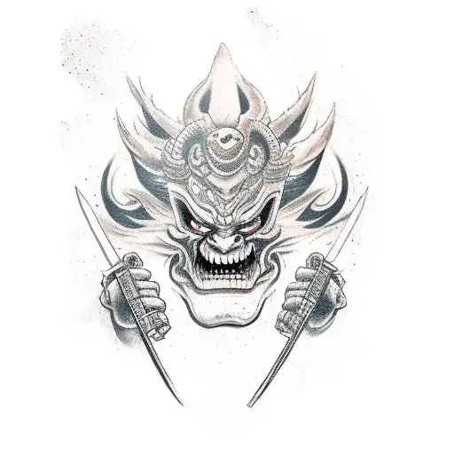Oni Mask Being Split By A Katana