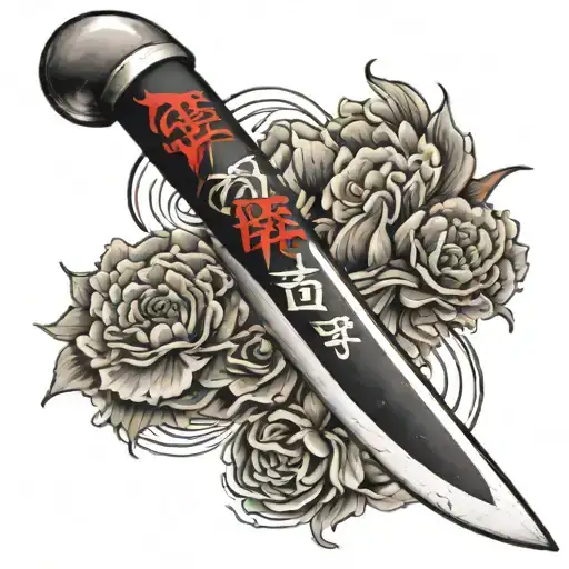 Japanese Tanto Blade With Kanji On The Blade Forearm Tattoo Black And Red