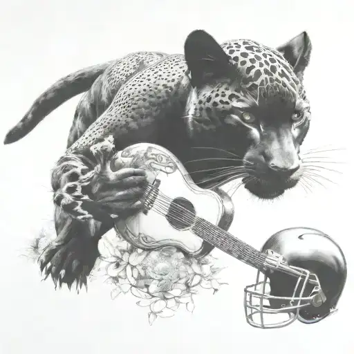 Surrounded By Dandelions There Is A Black Panther Animal Playing A Guitar With A Football Helmet