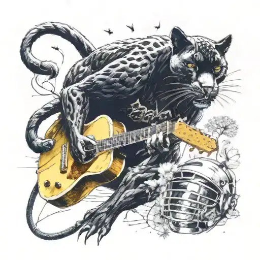 Surrounded By Dandelions There Is A Black Panther Animal Playing A Guitar With A Football Helmet