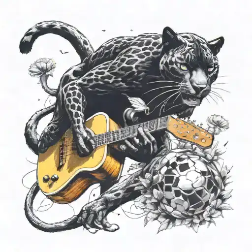 Surrounded By Dandelions There Is A Black Panther Animal Playing A Guitar With A Football Helmet