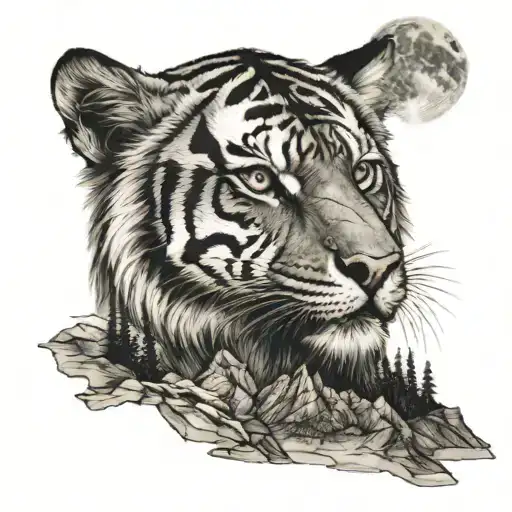 Tiger On A Mountain Calm Wolf With Moon