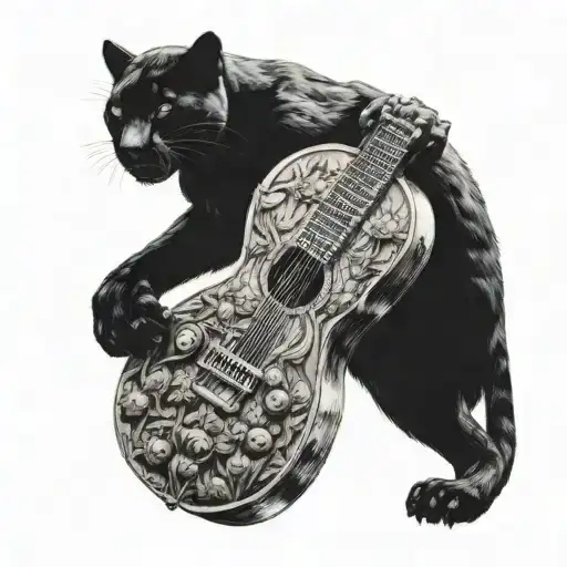 Surrounded By Dandelions There Is A Black Panther Animal Playing A Guitar With A Football Helmet