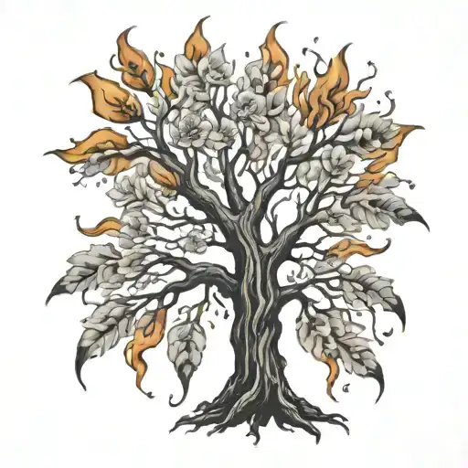Tree With Flames And Flowers Growing