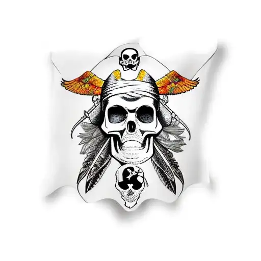 Pirate Flag With Parrot Skull With Crossed Feathers