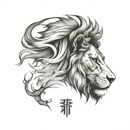 A Minimalist Tattoo Design Of A Lion's Head With A Hidden Dragon Silhouette Within It