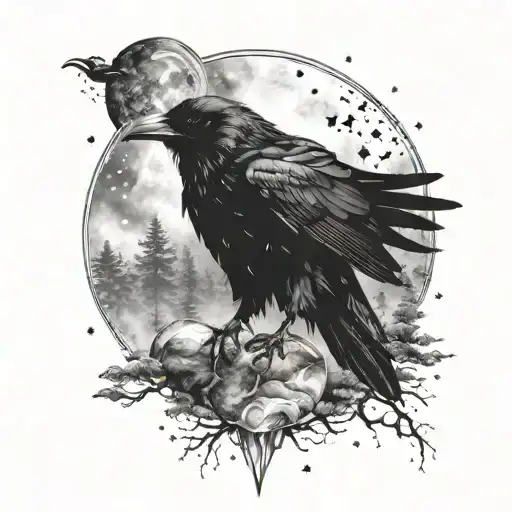 Black Raven And Forest Smoothly Transitioning To The Starry Sky With Planets And Nebulae