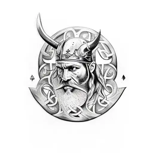 Hache Viking Et Yggdrasil Et Entrelas Avec Un Portrait De Guerrier