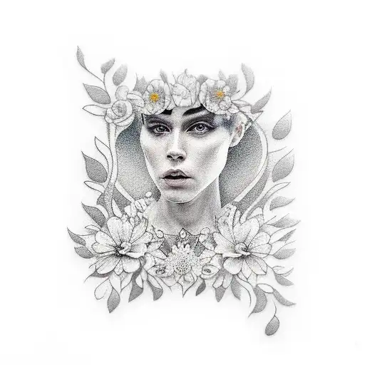 A Realistic Portrait Of A Person Holding A Mirror With Floral Reflections