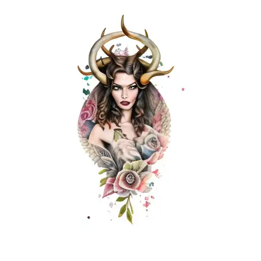 A Woman With Horns With Watercolor In Background