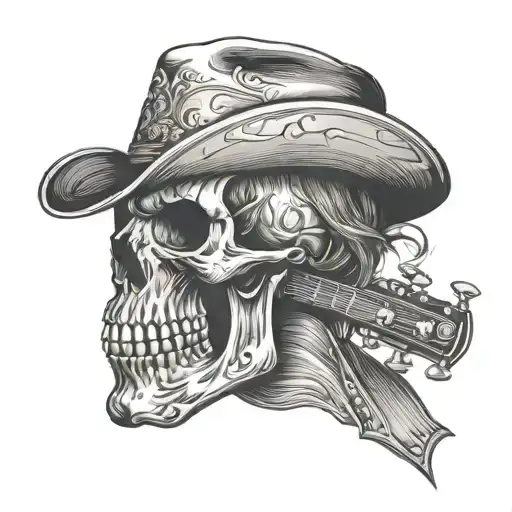Elegant Western Outlaw Skull Playing Guitar In Profile
