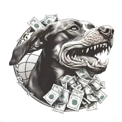 A Scary Pitbull Holding A Basketball In Its Mouth Surrounded By Dollar Signs