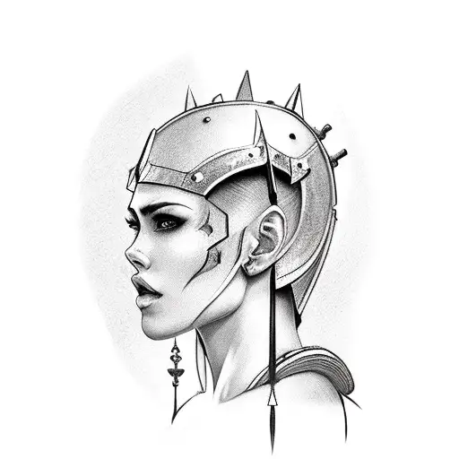 Woman Wearing Man Armour Looking Up Side Profile Short Hair With Sword