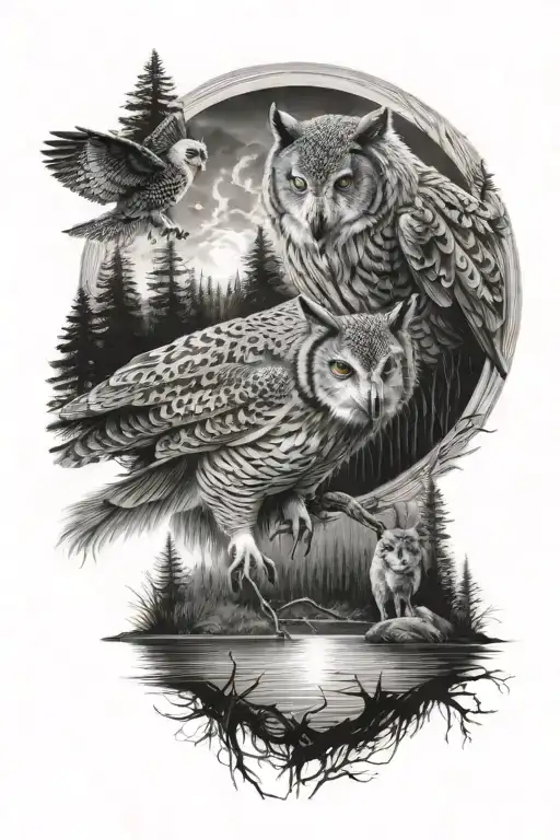 A Realistic Scene Of An Owl And Wolf Fishing Together By A Serene Lake